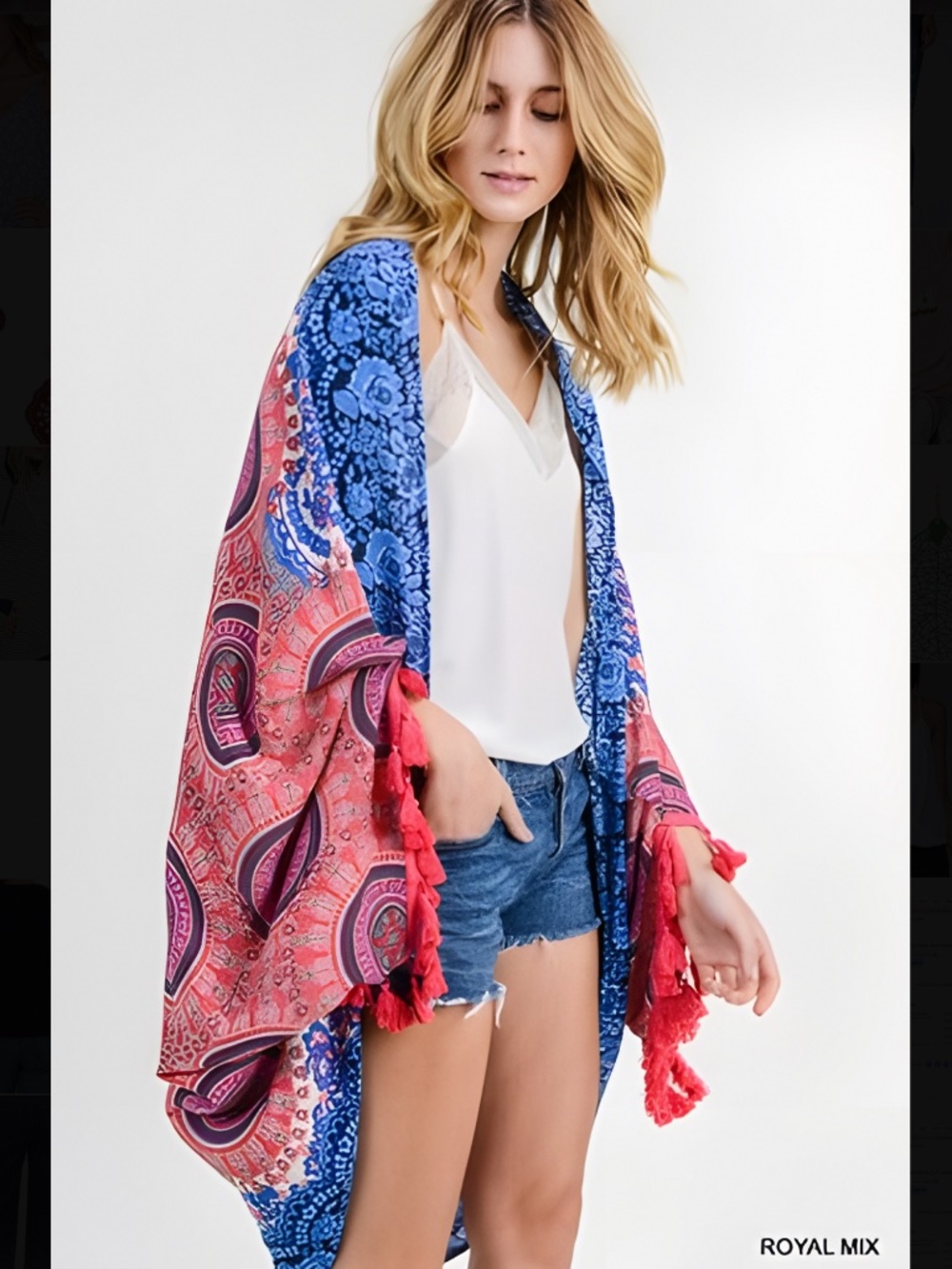Jodifl Boho Medallion Print Open Kimono Cardigan with Tassels